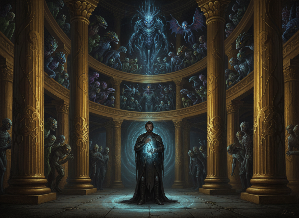 A lone human man stands at the center of a vast, ancient chamber with towering gold pillars. He is small against the grandeur of the space, surrounded by alien beings — reptilian creatures, ethereal auras, supernatural forms — all staring down at him from tiered galleries. He clutches a glowing silver teardrop locket against his chest, radiating soft blue light that pulses outward. The atmosphere is dark, dramatic, painterly — like a Renaissance judgment scene crossed with science fiction. Chiaroscuro lighting, deep shadows, cinematic and atmospheric.