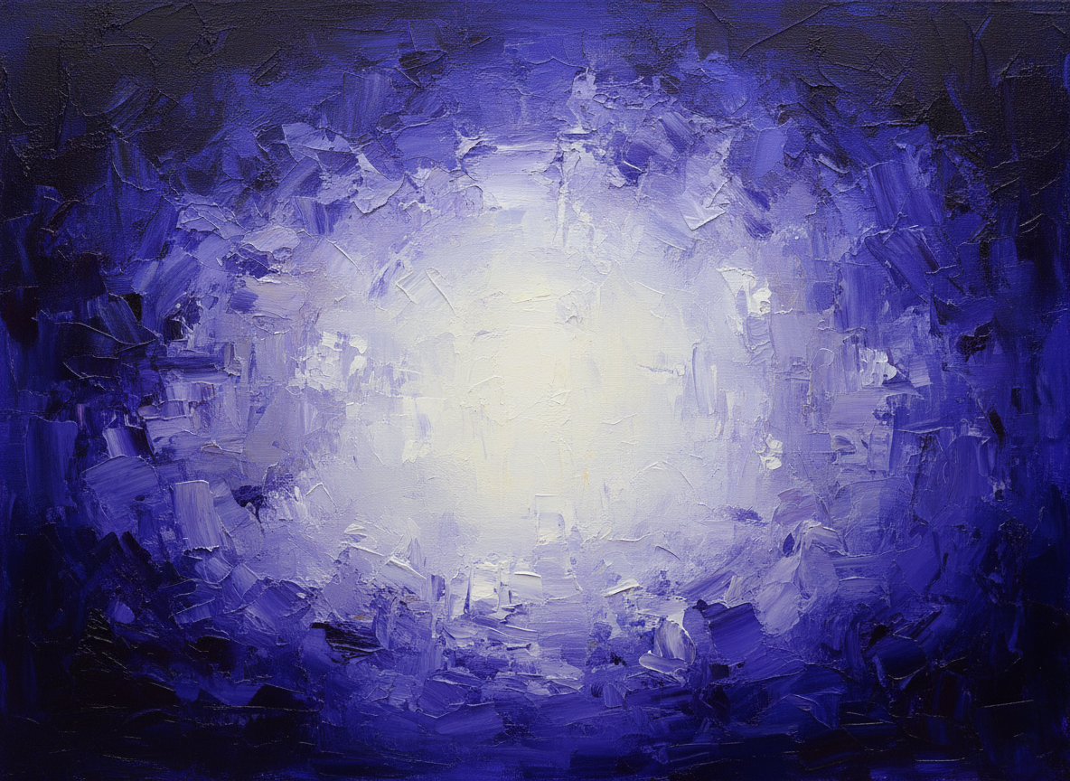 Abstract expressionist painting — deep indigo and violet fields bleeding into pale silver-white, heavy impasto texture, no figures, no landscape, no narrative. Emotional weight of introspection and memory. Rothko meets Richter. Dark at the edges, luminous at the center, unresolved.